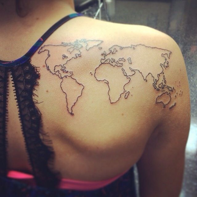 Map tattoo on shoulder blade