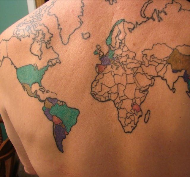 World map tattoo on the back