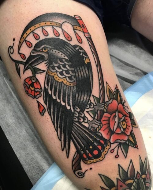 American Traditional Crow Tattoo
