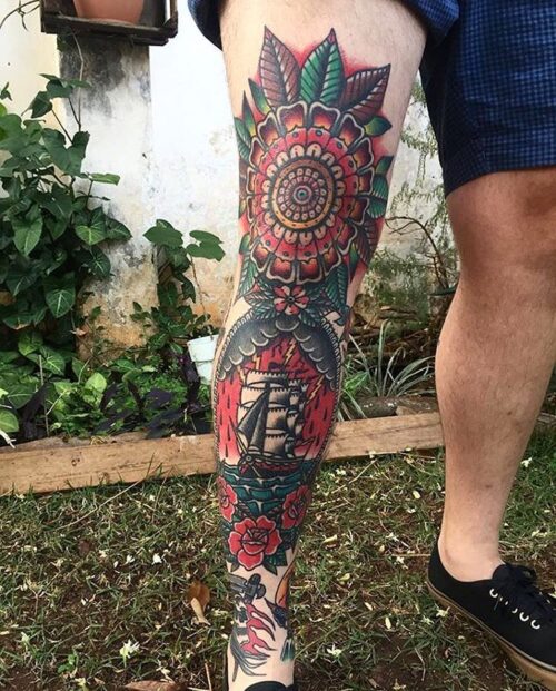 American Traditional Leg Tattoo