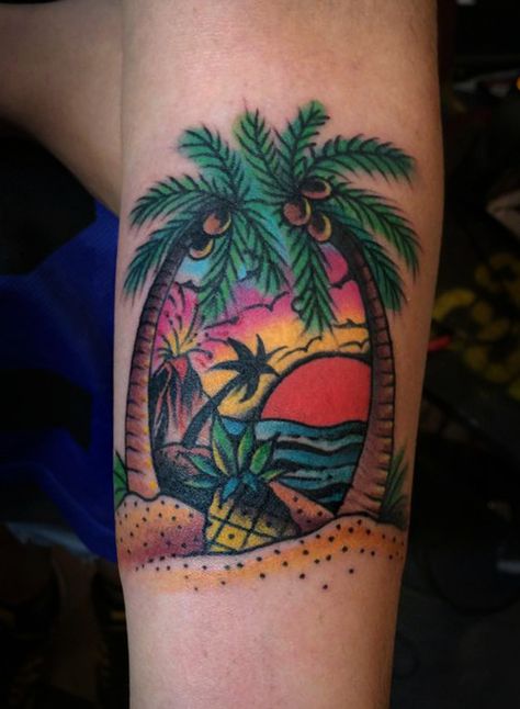 American Traditional Sun and Palm Tree Tattoo
