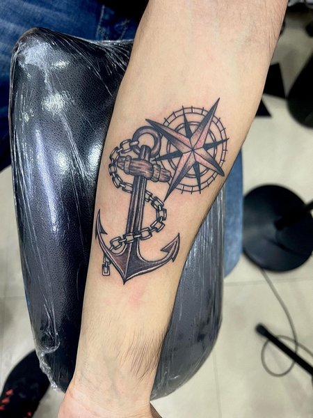 Anchor And Compass Tattoo