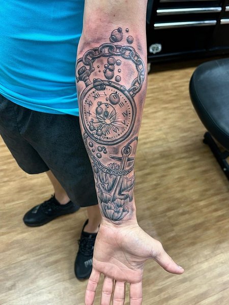 Anchor And Pocket Watch Tattoo
