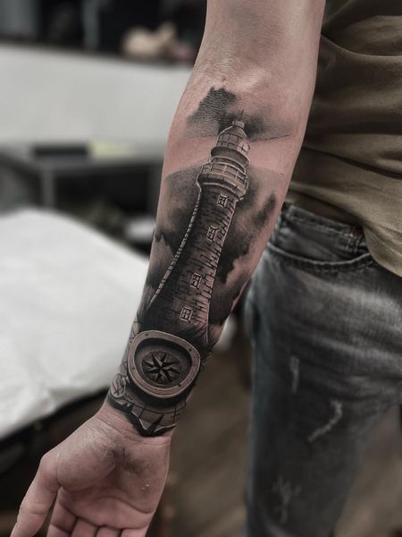 Black and Gray Lighthouse Tattoo