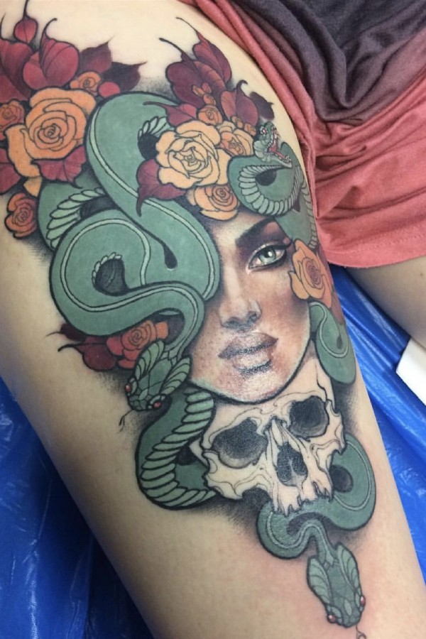 Colored Medusa Tattoo on Thigh