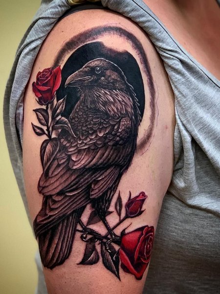 Crow And Rose Tattoo