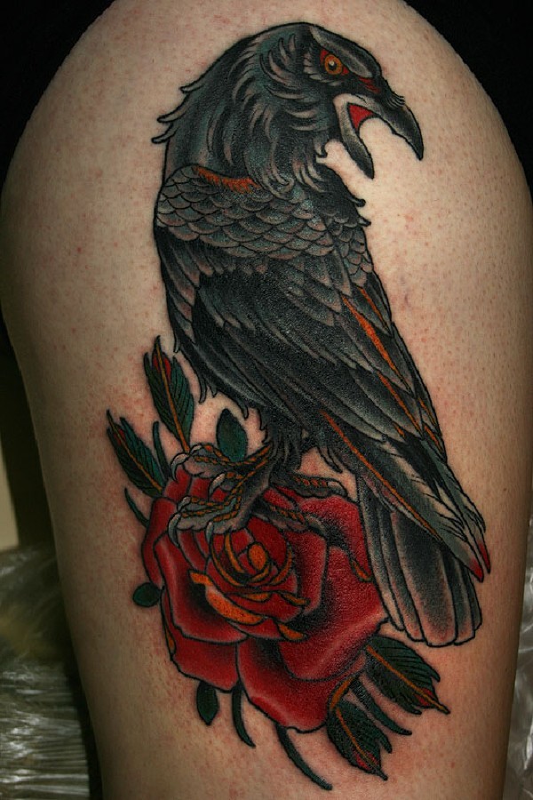 Crow with Red Rose Tattoo