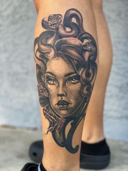 Medusa Calf Tattoo
