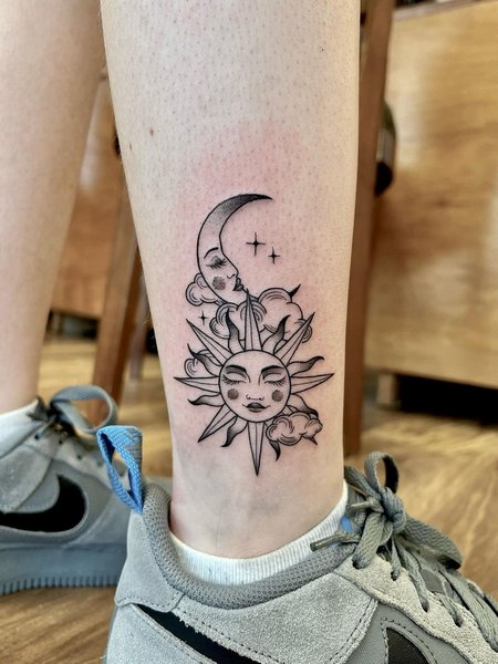 Moon And sun Ankle Tattoo