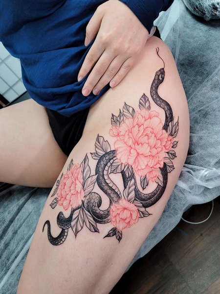 Snake And Flower Tattoo