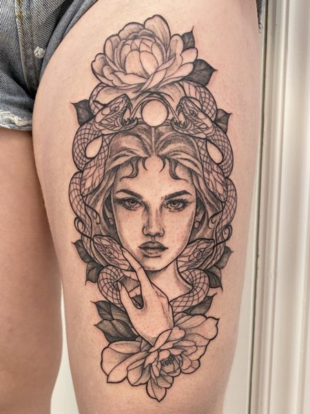 Thigh Medusa Tattoo