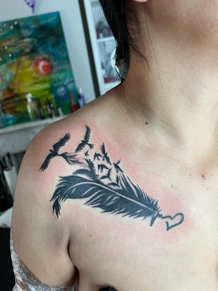 Feather Tattoo With Birds