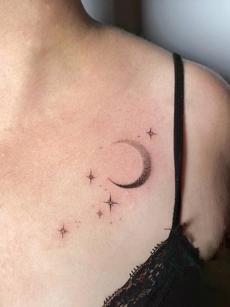 Feminine Moon And Stars Tattoo