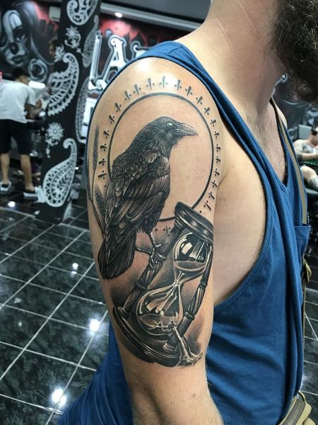 Raven Tattoo With Clock