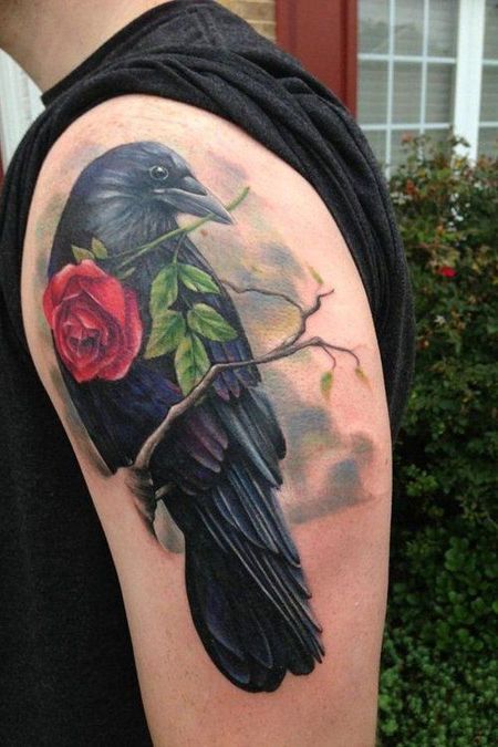 Raven With Flowers Tattoo