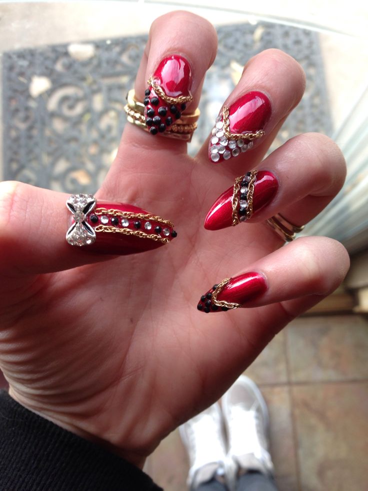 Red Nails With Diamonds