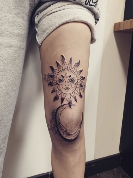 Sun And Moon Knee Tattoo