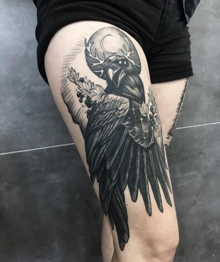 Thigh Raven Tattoo