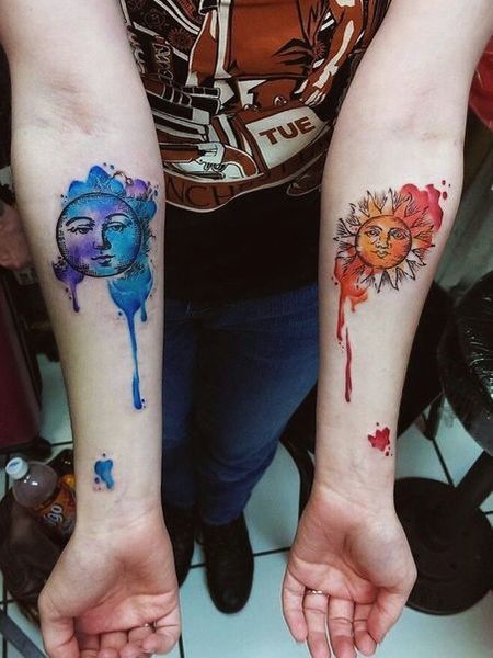 Watercolor Sun And Moon Tattoo