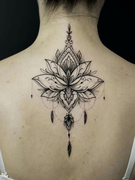 Blackwork Lotus Flower Tattoo