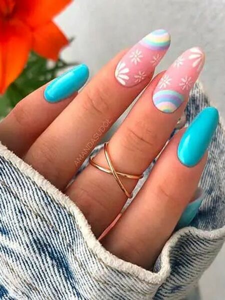 Classy Light Blue Nails with Rainbows