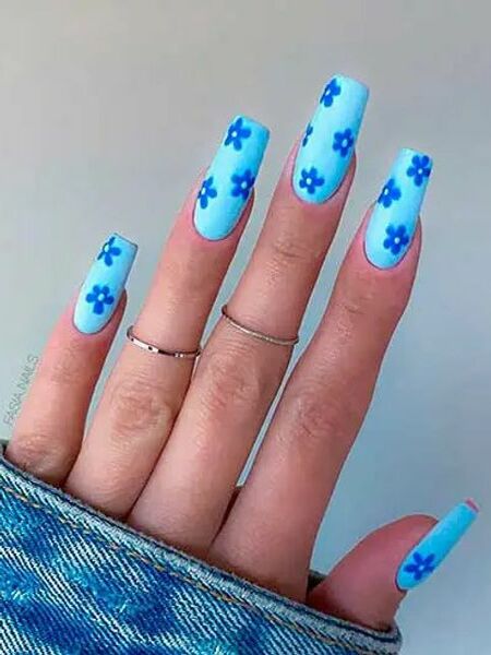Coffin Light Blue Nails with Dark Blue