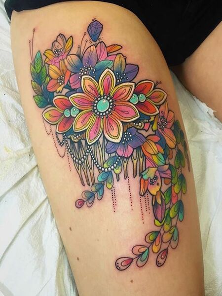 Colorful Thigh Tattoo