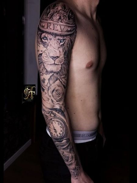 Lion And Clock Tattoo