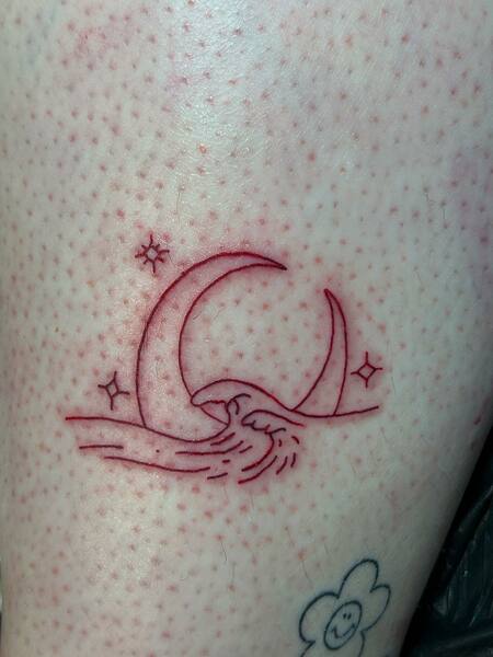 Red Wave And Moon Tattoo