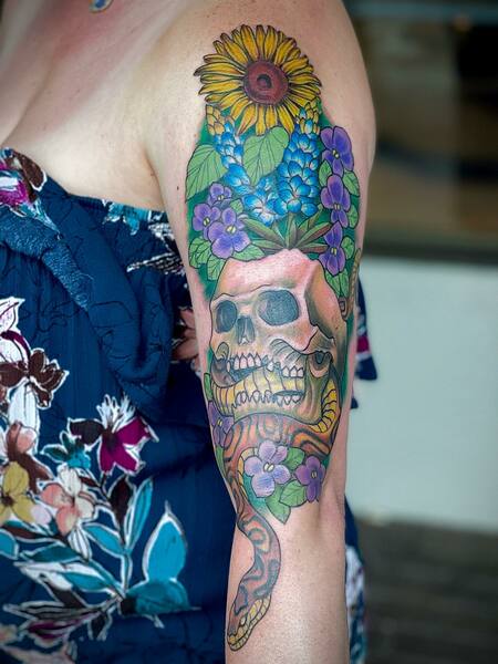 Skull and Snake Half Sleeve Tattoo