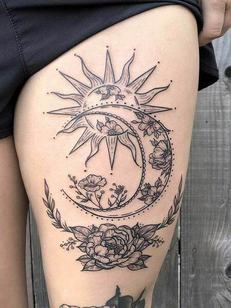 Sun And Moon Thigh Tattoo