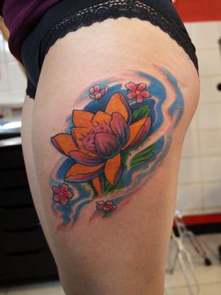 Thigh Lotus Flower Tattoo