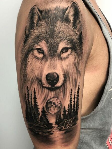 Wolf And Moon Tattoo