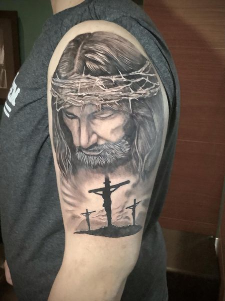 Black And Grey Jesus Tattoo