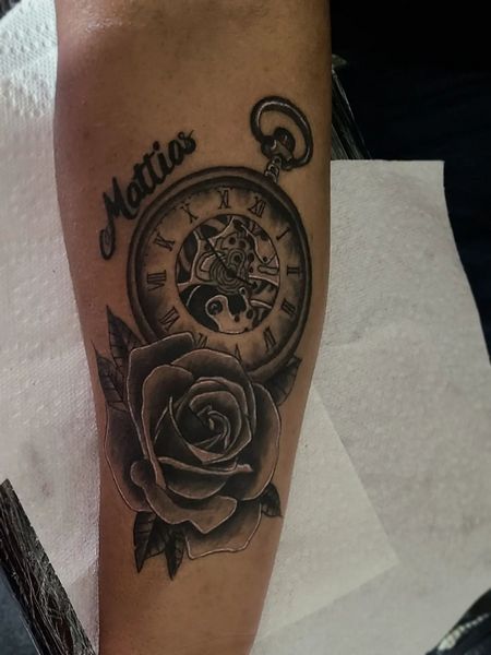 Black Rose And Clock Tattoo