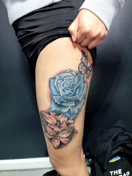 Blue Rose Tattoo On Thigh