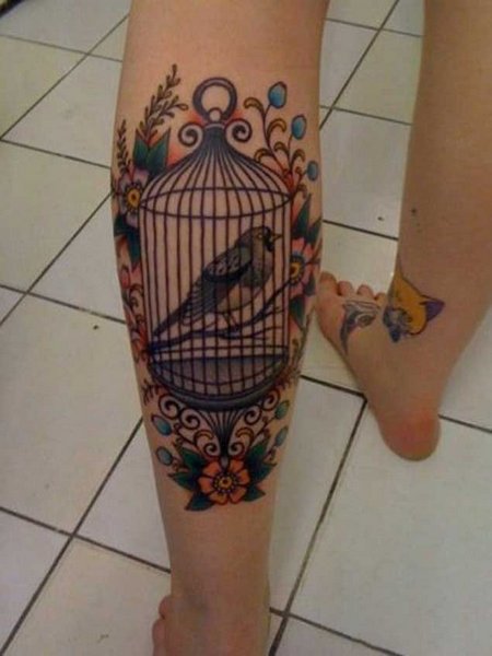 Bird Cage Leg Tattoo