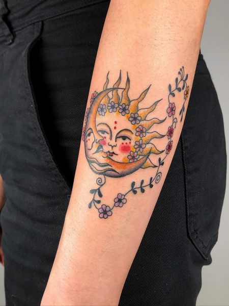 Colorful Sun and Moon Tattoo