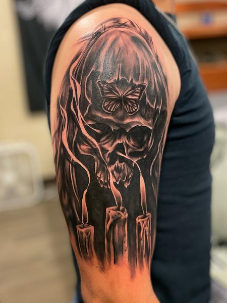 Half Sleeve Grim Reaper Tattoo