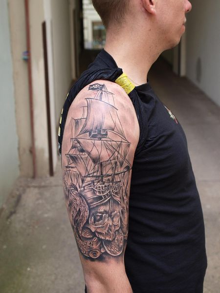Half Sleeve Ship Tattoo