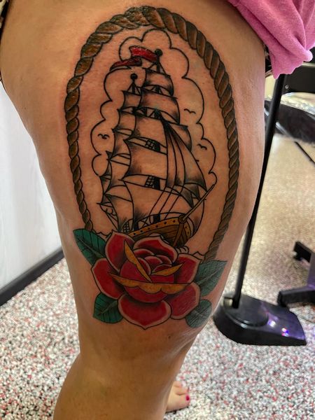 Ship Thigh Tattoo