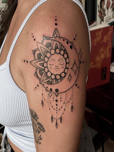 Sun and Moon Shoulder Tattoo