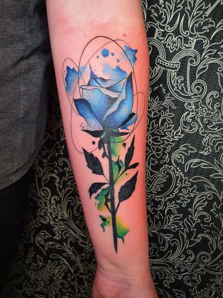 Watercolor Blue Rose Tattoo