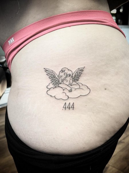 444 Tattoo On Thigh