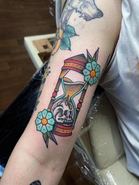 American Traditional Hourglass Tattoo