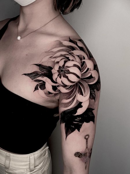 Black And White Chrysanthemum Tattoo