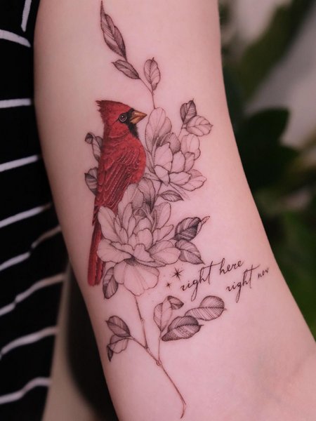 Cardinal Bird With Peonies