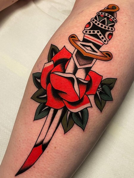 Dagger With Rose Tattoos