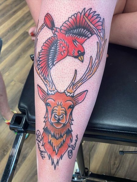 Deer And Cardinal Tattoo