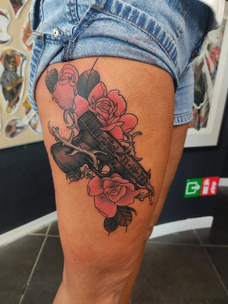 Gun Tattoo On Leg